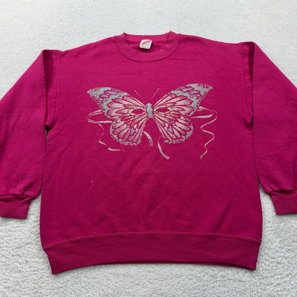 Jerzees Hot Pink Butterfly Graphic Sweatshirt Women's Large Vintage USA